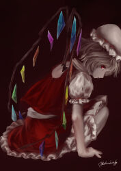 Rule 34 | 1girl, absurdres, arm support, backless outfit, blonde hair, bloomers, dark background, flandre scarlet, frilled skirt, frilled sleeves, frills, from side, hat, hat ribbon, highres, limited palette, looking at viewer, looking to the side, mob cap, multicolored wings, puffy short sleeves, puffy sleeves, red eyes, red ribbon, red skirt, red vest, ribbon, shirt, short hair, short sleeves, signature, simple background, skirt, skirt set, solo, touhou, underwear, vest, white bloomers, white hat, white shirt, wings, yoshinogirly
