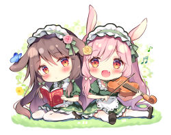 Rule 34 | 2girls, :d, animal, animal ears, apron, beamed sixteenth notes, black footwear, blush, book, bow, brown hair, bug, butterfly, chibi, closed mouth, commentary request, dress, eighth note, fang, flower, frilled dress, frilled hairband, frills, green bow, green dress, green hairband, hair between eyes, hair bow, hair flower, hair ornament, hairband, holding, holding book, holding instrument, holding violin, insect, instrument, multiple girls, music, musical note, open book, open mouth, original, pan (mimi), pantyhose, pink flower, pink hair, pink rose, playing instrument, puffy short sleeves, puffy sleeves, rabbit ears, red eyes, rose, shoe soles, shoes, short sleeves, sitting, smile, thighhighs, violin, waist apron, wariza, white apron, white bow, white legwear, yellow flower, yellow rose