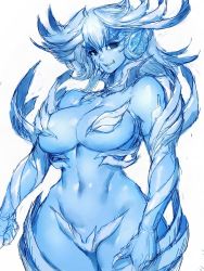 Rule 34 | 1girl, bare shoulders, blue eyes, blue hair, blue skin, breasts, colored skin, commentary request, curvy, fang, fumio (rsqkr), large breasts, long hair, looking at viewer, navel, simple background, sketch, solo, thick eyebrows, white background, wide hips