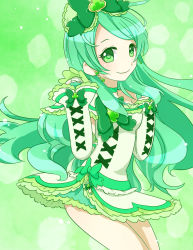 Rule 34 | 1girl, arm warmers, borrowed character, bow, brooch, choker, cure alto (0417nao), green background, green eyes, green hair, green theme, hair bow, jewelry, long hair, matching hair/eyes, original, precure, ribbon, skirt, smile, solo, tama (miloque)