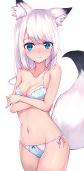 Rule 34 | 1girl, absurdres, animal ear fluff, animal ears, bare arms, bare shoulders, blue bra, blue eyes, blue panties, blush, bow, bow panties, bra, breasts, cleavage, closed mouth, commentary request, crossed arms, fox ears, fox girl, fox tail, groin, hair between eyes, highres, long hair, masaki (msk064), medium breasts, navel, nose blush, original, panties, side-tie panties, simple background, solo, strap slip, tail, underwear, white background, white hair