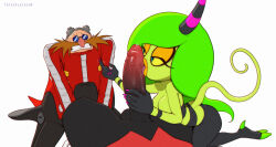 Rule 34 | 1girl, 2boys, animal feet, arm up, artist name, bald, beckoning, black footwear, black pants, black skin, blue-tinted eyewear, blue eyes, boots, breasts, claws, clenched teeth, coat, colored sclera, colored skin, completely nude, demon boy, demon girl, dr. eggman, erection, eye contact, eyeshadow, eyewear on head, facial hair, fellatio, glasses, gloves, goggles, green hair, green skin, grey-framed eyewear, half-closed eyes, hand up, hetero, horns, kneeling, leaning forward, licking, licking penis, lips, lipstick, lizard tail, long hair, long sleeves, looking at another, lying, makeup, motion lines, multicolored horns, multicolored skin, multiple boys, mustache, nervous, nude, on back, open mouth, oral, orange eyeshadow, orange lips, pants, penis, pince-nez, pink horns, pov, precum, raised eyebrows, red coat, red skin, round eyewear, saliva, scared, sidelocks, simple background, single horn, sitting, small breasts, sonic (series), sonic lost world, sonic x, sunglasses, sweat, tail, tail raised, teeth, testicles, tinted eyewear, tongue, tongue out, totesfleisch8, two-tone skin, uncensored, wariza, watermark, white background, white gloves, yellow sclera, zavok (sonic), zeena