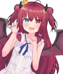 Rule 34 | 1girl, :d, ahoge, blue eyes, blush, claw pose, commentary request, crescent, crescent hair ornament, crown, demon girl, demon horns, demon wings, double bun, dress, fangs, flat chest, hair bobbles, hair bun, hair ornament, heterochromia, horns, long hair, looking at viewer, mini crown, nanamiya natsumi, nijisanji, official alternate costume, open mouth, red eyes, red hair, sleeveless, sleeveless dress, smile, solo, two side up, upper body, virtual youtuber, wings, yuzuki roa