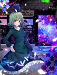Rule 34 | 1girl, absurdres, architecture, bad id, bad twitter id, blush, breasts, closed mouth, dress, east asian architecture, ghost, ghost tail, green dress, green eyes, green hair, hand on own hip, hat, highres, japanese clothes, jigsaw puzzle, koto seori, long sleeves, looking at viewer, matching hair/eyes, medium breasts, outdoors, petals, petticoat, puffy long sleeves, puffy sleeves, puzzle, short hair, smile, soga no tojiko, solo, tate eboshi, tears, touhou