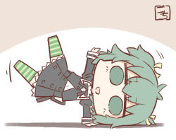 Rule 34 | 1girl, :d, antenna hair, arm support, artist name, assault lily, black ribbon, black skirt, brown background, buttons, chibi, cropped jacket, full body, gochisousama (tanin050), green eyes, green hair, green thighhighs, hair ribbon, handstand, high-waist skirt, juliet sleeves, legs up, light blush, long sleeves, looking at viewer, miniskirt, motion lines, neck ribbon, no pupils, no shoes, one arm handstand, open mouth, outstretched arms, puffy sleeves, ribbon, school uniform, shirt, short hair, skirt, smile, solo, striped clothes, striped thighhighs, thighhighs, two-tone background, two side up, white background, white shirt, yellow ribbon, yoshimura thi mai, yurigaoka girls academy school uniform, zettai ryouiki