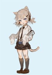 Rule 34 | 1girl, absurdres, aged down, animal ears, blue background, blue eyes, brown hair, cat ears, cat tail, commentary request, full body, girls&#039; frontline, headset, highres, idw (girls&#039; frontline), karasu btk, long sleeves, necktie, oversized clothes, shoes, shorts, simple background, socks, solo, suspenders, tail