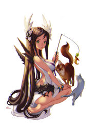 Rule 34 | 1girl, absurdres, animal, backless dress, backless outfit, bare shoulders, barefoot, bead bracelet, beads, belt, blush, bracelet, breasts, brown hair, brown wings, cat, commentary, dress, fingernails, from side, full body, green eyes, hair ornament, highres, jewelry, large breasts, lips, long fingernails, long hair, looking at viewer, looking back, nawol, original, parted lips, pelvic curtain, pink lips, seiza, side slit, sidelocks, signature, simple background, sitting, sleeveless, sleeveless dress, solo, toes, very long hair, white background, white dress, wing hair ornament, wings