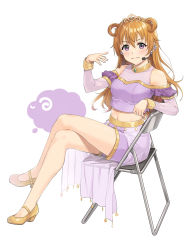 Rule 34 | 1girl, blush, breasts, brown hair, butterfly (love live!), closed mouth, clothing cutout, cropped shirt, crossed legs, full body, harem outfit, headset, highres, konoe kanata, large breasts, long hair, long sleeves, looking at viewer, love live!, love live! nijigasaki high school idol club, midriff, navel, oitsuki (getsumen diver), purple eyes, purple shirt, purple shorts, shirt, shorts, shoulder cutout, sitting, solo, tiara, two side up, v-shaped eyebrows, wavy hair