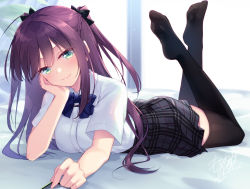Rule 34 | 1girl, bed sheet, black bow, black thighhighs, blue bow, bow, braid, breasts, cellphone, closed mouth, collared shirt, commentary request, dated, dress shirt, green eyes, grey skirt, hair bow, legs up, long hair, looking at viewer, lying, medium breasts, motomiya mitsuki, no shoes, on stomach, original, phone, plaid, plaid skirt, pleated skirt, purple hair, shirt, short sleeves, signature, skirt, smile, soles, solo, thighhighs, two side up, very long hair, white shirt