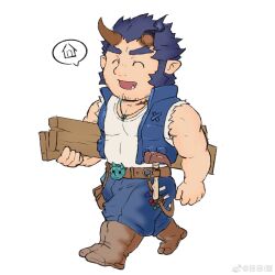 Rule 34 | 1boy, ^ ^, bara, blue hair, broken horn, carpenter, carrying, carrying under arm, closed eyes, dark blue hair, deformed, demon boy, demon horns, facial hair, fang, fang out, fiery horns, hammer, happy, highres, horns, leather belt, long sideburns, male focus, mature male, me-me (mouact2), muscular, muscular male, pectoral cleavage, pectorals, plank, scar, scar on neck, shirt, short hair, sideburns, sleeveless, sleeveless shirt, solo, spoken object, stubble, takemaru (housamo), thick eyebrows, tokyo houkago summoners, torn clothes, torn shirt, walking