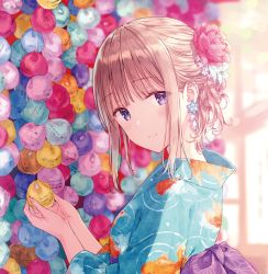 Rule 34 | 1girl, blonde hair, blunt bangs, blurry, blush, commentary request, depth of field, earrings, flower, flower earrings, flower request, hair flower, hair ornament, hands up, hiten (hitenkei), holding, japanese clothes, jewelry, kimono, looking at viewer, looking to the side, obi, original, purple eyes, sash, sidelocks, smile, solo, tagme, tareme, upper body