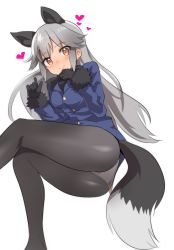 Rule 34 | 10s, 1girl, animal ears, ass, black bow, black bowtie, black gloves, blue jacket, blush, bow, bowtie, buttons, caburi aki, fox ears, fox tail, fur trim, gloves, heart, heart-shaped pupils, jacket, kemono friends, long hair, looking at viewer, pantyhose, silver fox (kemono friends), silver hair, smile, solo, symbol-shaped pupils, tail, white background, yellow eyes
