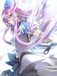 Rule 34 | 1girl, blue eyes, choker, clear glass (mildmild1311), commentary, cure moonlight, dress, earrings, flower, hair flower, hair ornament, heartcatch precure!, highres, jewelry, looking at viewer, magical girl, precure, purple choker, purple dress, purple hair, purple theme, serious, simple background, solo, standing, symbol-only commentary, tsukikage yuri, white background, wrist cuffs