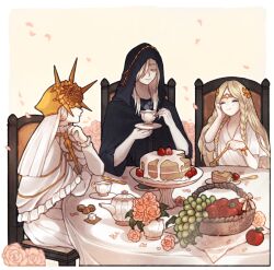 Rule 34 | 3boys, ^ ^, androgynous, apple, black hood, black robe, blonde hair, chair, chewing, circlet, closed eyes, copyright request, crown, cup, dark sun gwyndolin, donar0217, dress, eating, falling petals, flower, food, fork, fruit, fruit basket, grapes, hand on own cheek, hand on own face, holding, holding cup, icing, lothric (younger prince), miquella (elden ring), multiple boys, pastry, petals, pink ribbon, ribbon, robe, sitting, spoon, strawberry, sugar cube, table, teacup, teapot, tiara, trap, white dress, white hair, white robe