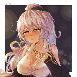 Rule 34 | 1girl, ahoge, bare shoulders, blush, braid, breasts, cleavage, closed mouth, commentary, english commentary, granblue fantasy, hair between eyes, large breasts, long hair, looking at viewer, silva (granblue fantasy), silver hair, smile, twin braids, very long hair, wavy hair, yellow eyes, zakuromu