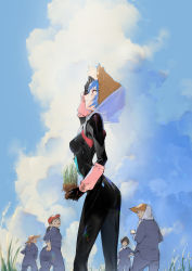 Rule 34 | 5girls, ayanami rei, bandana, baseball cap, black bodysuit, blue hair, blue sky, bodysuit, brown hair, cloud, commentary request, evangelion: 3.0+1.0 thrice upon a time, from side, glasses, grey hair, hand on own hip, hat, highres, looking up, multiple girls, neon genesis evangelion, outdoors, pilot suit, plant, plugsuit, ponytail, rebuild of evangelion, red eyes, rice paddy, ryota-h, short hair, sky, sleeves rolled up, smile, straw hat, sweat