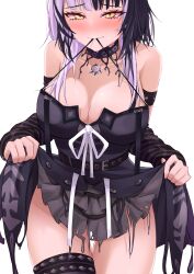 Rule 34 | 1girl, absurdres, arm strap, arm warmers, bare shoulders, belt, black belt, black choker, black dress, black gloves, black hair, blush, breasts, choker, cleavage, collarbone, dress, fingerless gloves, gloves, hair ornament, highres, hololive, hololive english, lace, lace choker, large breasts, layered dress, long hair, looking at viewer, mouth hold, multicolored hair, nixour, shiori novella, shiori novella (1st costume), short dress, sleeveless, sleeveless dress, solo, split-color hair, thighs, two-tone hair, virtual youtuber, white background, white hair, yellow eyes