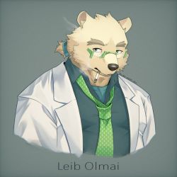 Rule 34 | 1boy, animal ears, bear boy, bear ears, character name, collared shirt, commentary request, english text, furry, furry male, green-framed eyewear, green background, green eyes, green necktie, green shirt, highres, lab coat, leib (housamo), low ponytail, male focus, mature male, necktie, oimo osato 0322, polka dot necktie, semi-rimless eyewear, shirt, simple background, solo, tokyo houkago summoners, twitter username, upper body, yellow fur