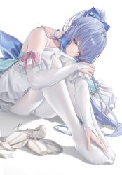 Rule 34 | 1girl, absurdres, ayaka (genshin impact), ballerina, bare shoulders, blue eyes, blue hair, blush, bridal gauntlets, dress, feet, genshin impact, hair ornament, highres, long hair, looking at viewer, pantyhose, parted lips, simple background, sitting, smile, solo, thighs, white background, white footwear, white pantyhose, yabacha