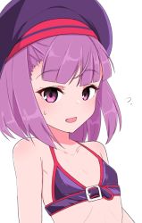 Rule 34 | 1girl, bare arms, bare shoulders, blue bra, blush, bra, chawan (yultutari), commentary request, embarrassed, fate/grand order, fate (series), flat chest, flying sweatdrops, hat, helena blavatsky (fate), highres, looking at viewer, parted lips, purple eyes, purple hair, purple hat, simple background, solo, sweatdrop, underwear, upper body, white background