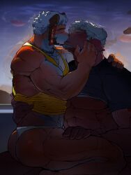 Rule 34 | 2boys, abs, ass, bara, beard, bikini briefs, blush, closed eyes, clothes lift, couple, drop earrings, earrings, facial hair, from side, full beard, furry, furry with furry, hand on another&#039;s cheek, hand on another&#039;s face, highres, jewelry, kiss, large pectorals, male focus, male underwear, me-me (mouact2), minotaur, multiple boys, muscular, muscular male, nipples, original, pectorals, shirt lift, short hair, sitting, sitting on lap, sitting on person, stomach, sunset, thick eyebrows, underpec, underwear, veins, veiny arms, white hair, yaoi