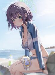 Rule 34 | 1girl, aka (440626), bikini, blue archive, blush, bottle, breasts, cleavage, closed mouth, collarbone, day, feet out of frame, goggles, green eyes, green halo, halo, highres, long sleeves, looking at viewer, medium breasts, ocean, official alternate costume, outdoors, purple hair, raglan sleeves, rash guard, saki (blue archive), saki (swimsuit) (blue archive), short hair, sitting, solo, striped bikini, striped clothes, swimsuit, unworn goggles, watch, water, water bottle, wristwatch