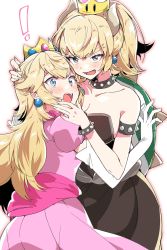 Rule 34 | 1girl, 2girls, armlet, bare shoulders, black dress, blonde hair, blue eyes, bowsette, bracelet, breasts, collar, crown, dress, forked eyebrows, hand on another&#039;s chin, hand on another&#039;s head, highres, horns, hug, jewelry, large breasts, long hair, mario (series), multiple girls, new super mario bros. u deluxe, nintendo, ponytail, princess peach, sharp teeth, spiked armlet, spiked bracelet, spiked collar, spikes, strapless, strapless dress, super crown, surprised, tail, takeshima eku, teeth, thick eyebrows, turtle shell