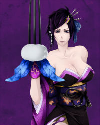 Rule 34 | 1girl, bare shoulders, blue ribbon, breasts, claws, cleavage, dress, female focus, hair ornament, hair up, kleiner-fuchs, lips, mole, nouhime, purple eyes, purple hair, ribbon, sengoku musou, sengoku musou 3, short hair, smile, solo, strapless, strapless dress, weapon