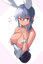 Rule 34 | 1girl, black pantyhose, blue hair, breasts, covered navel, cropped legs, dark-skinned female, dark skin, detached collar, flying sweatdrops, from above, large breasts, leotard, looking at viewer, nipples, own hands together, pantyhose, rabbit girl, rabbit tail, red eyes, saiste, simple background, solo, tail, tears, top pull, wrist cuffs