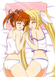 Rule 34 | 2girls, ass, bare shoulders, bed, blonde hair, blush, brown hair, camisole, closed eyes, fate testarossa, hair ribbon, holding hands, lingerie, long hair, lyrical nanoha, mahou shoujo lyrical nanoha, mahou shoujo lyrical nanoha a&#039;s, mahou shoujo lyrical nanoha the movie 2nd a&#039;s, md5 mismatch, multiple girls, ookawa wataru, open mouth, panties, pillow, ribbon, short twintails, sleeping, strap slip, takamachi nanoha, twintails, underwear, underwear only, very long hair