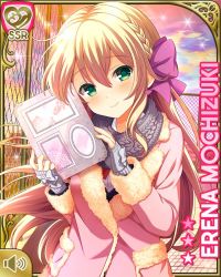 Rule 34 | 1girl, blonde hair, blush, braid, breasts, card (medium), chainlink fence, closed mouth, coat, cyberagent, day, female focus, girlfriend (kari), green eyes, hair ribbon, holding, large breasts, long hair, mochizuki erena, official art, outdoors, pink coat, plaid, plaid skirt, purple neckwear, qp:flapper, red skirt, ribbon, rooftop, scarf, school, school uniform, shirt, skirt, smile, solo, standing, sunset, tagme, white shirt