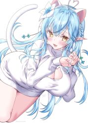 Rule 34 | 1girl, ahoge, animal ears, blue hair, blue nails, blush, braid, breasts, cat ears, cat tail, cleavage cutout, clothing cutout, colored tips, elf, fake animal ears, fake tail, fangs, flower, hair between eyes, hair flower, hair ornament, heart, heart ahoge, highres, hololive, kamiya maneki, large breasts, long hair, looking at viewer, multicolored hair, open mouth, pointy ears, simple background, solo, streaked hair, sweater, tail, virtual youtuber, white background, yellow eyes, yukihana lamy