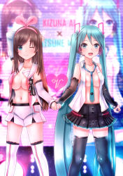 Rule 34 | 00s, 2girls, aqua eyes, aqua hair, areola slip, arm behind head, arm tattoo, arm up, armpit peek, bare shoulders, between breasts, blush, bow, breasts, brown hair, character name, detached sleeves, hair bow, hairband, hatsune miku, headphones, heart, highres, hiron, holding hands, kizuna ai, kizuna ai inc., large breasts, long hair, looking at viewer, matching hair/eyes, multiple girls, navel, necktie, necktie between breasts, no bra, open clothes, open mouth, pink bow, shorts, skirt, smile, standing, tattoo, thighhighs, twintails, virtual youtuber, vocaloid, zoom layer