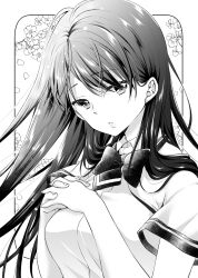 Rule 34 | 1girl, bow, breasts, closed mouth, collared shirt, dress shirt, floral background, greyscale, hands up, highres, ice cream kanojo, interlocked fingers, kawai miruku, kuune rin, long hair, looking at viewer, medium breasts, monochrome, own hands together, petals, school uniform, shirt, short sleeves, solo, upper body