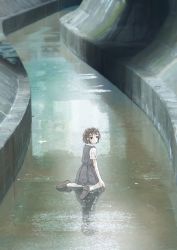 Rule 34 | 1girl, absurdres, black eyes, brown footwear, brown hair, day, dress, from behind, grey dress, highres, kneeling, looking at viewer, looking back, original, oshima tomoko, outdoors, reflection, shadow, shirt, shoes, short hair, short sleeves, solo, third-party source, water, white shirt, wide shot