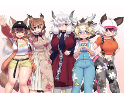 Rule 34 | 5girls, ;), ahoge, alternate breast size, animal ears, arm at side, arm up, arms at sides, bare arms, bare shoulders, baseball cap, black hair, black horns, blonde hair, blue eyes, blush, breasts, brown eyes, brown hair, closed mouth, collar, collarbone, crop top, cropped shirt, curvy, dress, ears through headwear, empty eyes, eurasian eagle owl (kemono friends), extra ears, fangs, feet out of frame, floral print, giraffe ears, giraffe girl, gradient background, grey horns, grin, hair between eyes, hair ribbon, hand on own hip, hands up, hat, highres, horns, huge breasts, jacket, japanese wolf (kemono friends), kemono friends, kemono friends 3, large breasts, legs apart, long bangs, long dress, long hair, long sleeves, medium hair, midriff, mo23, multicolored hair, multicolored horns, multiple girls, navel, neck ribbon, nervous, official alternate costume, okapi (kemono friends), okapi ears, okapi tail, one eye closed, open clothes, open jacket, open mouth, outstretched arm, outstretched hand, overalls, owl ears, ox ears, ox horns, pants, pantyhose, parted lips, print dress, ribbon, scarf, shirt, short shorts, short sleeves, shorts, side-by-side, sivatherium (kemono friends), small breasts, smile, standing, stomach, suspenders, t-shirt, tail, thick thighs, thighs, torn clothes, torn shirt, tsurime, very long hair, white hair, wolf ears, wolf girl, wolf tail, yak (kemono friends)
