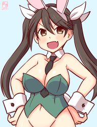 Rule 34 | 1girl, animal ears, black hair, black necktie, blue background, brown eyes, corset, detached collar, fang, groin, hair ribbon, hands on own hips, kanon (kurogane knights), kantai collection, leotard, long hair, necktie, no panties, one-hour drawing challenge, out-of-frame censoring, playboy bunny, rabbit ears, ribbon, simple background, skin fang, smile, solo, tone (kancolle), twintails, wrist cuffs