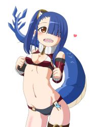 Rule 34 | 1girl, blue hair, blush, breasts, brown eyes, cleavage, female focus, highres, looking at viewer, midriff, monster girl, navel, open mouth, sharp teeth, side ponytail, simple background, small breasts, solo, tail, teeth, togakushi subaru, white background