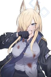 Rule 34 | 1girl, absurdres, animal ear fluff, animal ears, black gloves, blonde hair, blood, blood from mouth, blood on clothes, blue archive, blue eyes, breasts, dog ears, gloves, hair over one eye, hasarang, highres, jacket, kanna (blue archive), large breasts, long hair, necktie, notched ear, sharp teeth, shirt partially tucked in, teeth, torn clothes, torn coat, torn jacket, white background