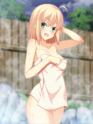Rule 34 | 1girl, :d, ahoge, aqua eyes, arm behind head, arm up, armpits, artoria pendragon (all), artoria pendragon (fate), blonde hair, blush, breasts, cleavage, collarbone, cowboy shot, fate/stay night, fate (series), fence, looking at viewer, naked towel, onsen, open mouth, outdoors, rock, saber (fate), short hair, skylader, small breasts, smile, solo, standing, steam, tareme, thighs, towel, water, water drop, wet, wooden fence