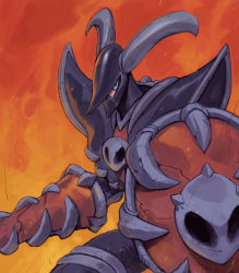 Rule 34 | armor, black eyes, commentary, creatures (company), fire, game freak, garrett hanna, gen 2 pokemon, helmet, highres, holding, holding lance, holding polearm, holding weapon, horns, houndoom, lance, looking at viewer, nintendo, personification, pokemon, polearm, shield, skull, squatting, weapon