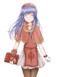 Rule 34 | 1girl, blue hair, bracelet, brown pantyhose, capelet, closed eyes, facing viewer, fire emblem, fire emblem: the binding blade, floating hair, hat, holding, jewelry, lilina (fire emblem), long hair, miniskirt, nintendo, pantyhose, pleated skirt, red capelet, red hat, shiny clothes, shiny legwear, simple background, skirt, smile, solo, standing, white background, white skirt, wspread