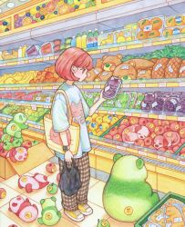 Rule 34 | 1girl, animal-themed food, animal print, apple, bag, banana, bear, blue shirt, blue sleeves, bob cut, bottle, brown pants, cat, cat print, colorful, commentary request, dog, earbuds, earphones, food, food in mouth, fruit, full body, grapes, grocery bag, highres, holding, holding bag, holding food, indoors, korean commentary, orange (fruit), orange hair, original, panda, pants, pineapple, plaid, plaid pants, pocky, pocky in mouth, puppy, rabbit, red eyes, rowon a, shirt, shoes, shopping, shopping bag, short hair, short sleeves, sneakers, solo, sticker, supermarket, t-shirt, tile floor, tiles, tote bag, watermelon, watermelon slice, yellow bag, yellow footwear