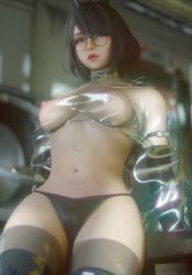 Rule 34 | 1girl, 3d, 3dcg, animal ears, arms behind back, artist name, bare shoulders, bikini, bikini bottom only, black bikini, black gloves, black hair, black thighhighs, breasts, brown eyes, cameltoe, choker, collar, collarbone, cropped jacket, cropped legs, detached collar, detached sleeves, elbow gloves, english text, eve, eyebrows, eyelashes, fake animal ears, female focus, functionally nude, glasses, gloves, hair between eyes, hair ornament, half-closed eyes, highres, indoors, jacket, jewelry, leaning back, lips, lipstick, looking to the side, makeup, medium breasts, medium hair, midriff, navel, nipples, no bra, open mouth, original, panties, parted lips, patreon username, see-through, see-through jacket, shiny clothes, short hair, signature, solo, solo focus, standing, swimsuit, teeth, thick thighs, thighhighs, thighs, translucent clothes, uncensored, underboob, underwear, wide hips