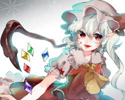 Rule 34 | 1girl, ascot, blood, blood on face, bow, clothes lift, collared shirt, commentary, crystal wings, fang, flandre scarlet, frilled hat, frilled shirt collar, frilled skirt, frilled sleeves, frills, hat, hat bow, lace-trimmed collar, lace trim, long hair, looking at viewer, mob cap, open mouth, outstretched arm, pointy ears, puffy short sleeves, puffy sleeves, red bow, red eyes, red skirt, red vest, shirt, short sleeves, side ponytail, skirt, skirt lift, skirt set, sleeve bow, smile, solo, suzune hapinesu, touhou, upper body, vest, white background, white hair, white hat, white shirt, yellow ascot