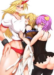 Rule 34 | 3girls, abs, alternate costume, anal, ass, blonde hair, blush, bottomless, breasts, chemise, clothed sex, clothing aside, collarbone, commentary request, cuffs, cum, cum in pussy, double penetration, fff threesome, full-face blush, futa with female, futanari, green eyes, grin, group sex, headband, height difference, highres, horns, hoshiguma yuugi, huge breasts, komeiji satori, large breasts, large penis, lingerie, long hair, mizuhashi parsee, multiple girls, multiple penises, muscular, muscular female, no testicles, oni, pandain, panties, partially undressed, penis, pointy ears, purple eyes, purple hair, red eyes, sandwiched, sex, shackles, shirt, short hair, shorts, shorts aside, single horn, smile, thighhighs, thong, threesome, torogao, touhou, underwear, vaginal, very long hair, white background, white shirt