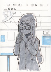 Rule 34 | 1girl, aragon honnin, backpack, bag, beanie, collared shirt, cup, disco ball, drink, glasses, greyscale, hat, holding, holding cup, ice, indoors, long sleeves, looking at viewer, monochrome, original, shirt, solo, sparkle