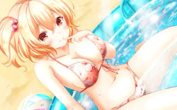 Rule 34 | 1girl, ball, beachball, bikini, breasts, brown eyes, brown hair, commentary request, dutch angle, feet out of frame, finger to mouth, floral print, front-tie top, girlfriend (kari), hair bobbles, hair ornament, highres, hose, looking at viewer, masa (mirage77), medium breasts, navel, red bikini, short hair, side ponytail, smile, solo, swimsuit, tomura michiru, wading pool, wallpaper, water