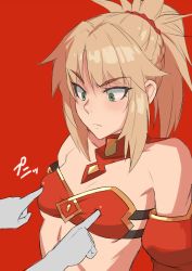 Rule 34 | 1girl, blonde hair, bra, breasts, collar, detached sleeves, fate/apocrypha, fate (series), green eyes, mikoyan, mordred (fate), mordred (fate/apocrypha), poking, ponytail, raised eyebrow, red background, small breasts, solo focus, underwear