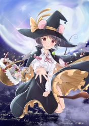 Rule 34 | 1girl, animal ears, basket, black cape, black skirt, blush, bow, broom, broom riding, candy, cape, capelet, city, cloud, cookie, eyes visible through hair, food, frilled skirt, frilled sleeves, frills, grey hair, hat, highres, lights, long sleeves, looking at viewer, moon, mouse (animal), mouse ears, mouse tail, nagiyu (shirokuma village), nazrin, neon lights, night, open hand, outstretched hand, reaching, reaching towards viewer, red eyes, red neckwear, red ribbon, ribbon, shirt, short hair, skirt, star (symbol), sweets, tail, touhou, white shirt, witch hat, yellow bow, yellow ribbon